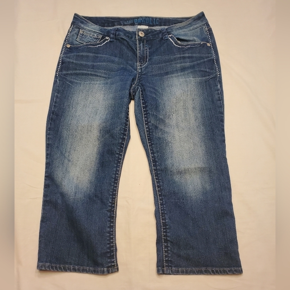 Hydraulic Womens Dark Wash Cropped Capri Jeans Size 13/14 Large Stitch W/Bling